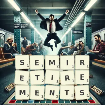 Creative illustration for a Scrabble game with the word SEMIRETIREMENTS spelled out in tiles on the board.
