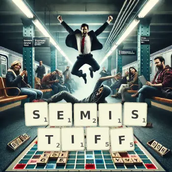 Creative illustration for a Scrabble game with the word SEMISTIFF spelled out in tiles on the board.