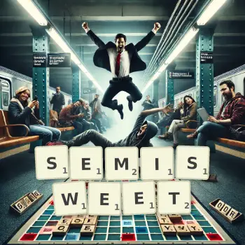 Creative illustration for a Scrabble game with the word SEMISWEET spelled out in tiles on the board.