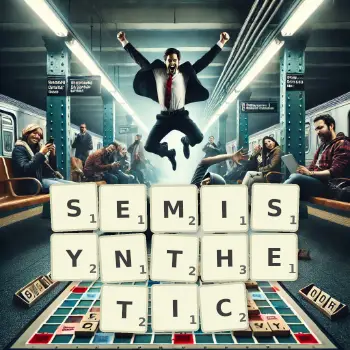 Creative illustration for a Scrabble game with the word SEMISYNTHETIC spelled out in tiles on the board.