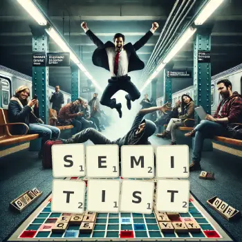 Creative illustration for a Scrabble game with the word SEMITIST spelled out in tiles on the board.