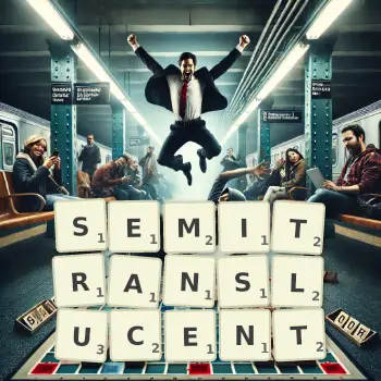 Creative illustration for a Scrabble game with the word SEMITRANSLUCENT spelled out in tiles on the board.
