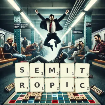 Creative illustration for a Scrabble game with the word SEMITROPIC spelled out in tiles on the board.