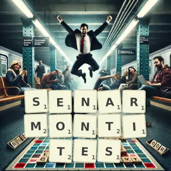 Creative illustration for a Scrabble game with the word SENARMONTITES spelled out in tiles on the board.