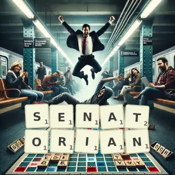 Creative illustration for a Scrabble game with the word SENATORIAN spelled out in tiles on the board.