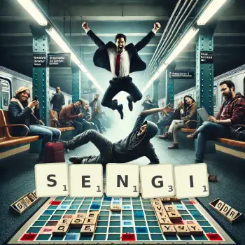 Creative illustration for a Scrabble game with the word SENGI spelled out in tiles on the board.