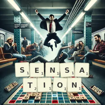 Creative illustration for a Scrabble game with the word SENSATION spelled out in tiles on the board.