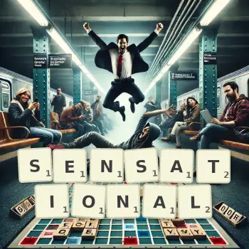Creative illustration for a Scrabble game with the word SENSATIONAL spelled out in tiles on the board.