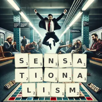 Creative illustration for a Scrabble game with the word SENSATIONALISM spelled out in tiles on the board.