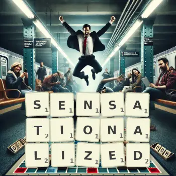 Creative illustration for a Scrabble game with the word SENSATIONALIZED spelled out in tiles on the board.