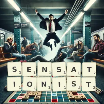 Creative illustration for a Scrabble game with the word SENSATIONIST spelled out in tiles on the board.
