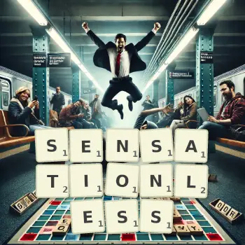 Creative illustration for a Scrabble game with the word SENSATIONLESS spelled out in tiles on the board.