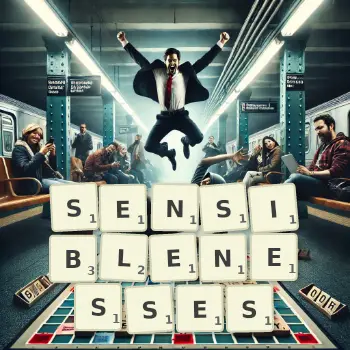 Creative illustration for a Scrabble game with the word SENSIBLENESSES spelled out in tiles on the board.