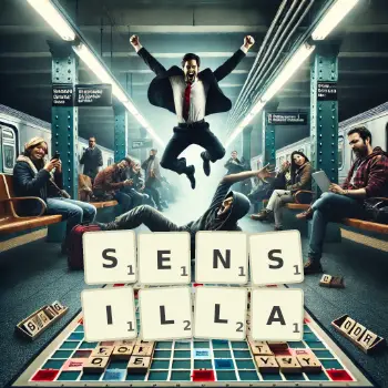 Creative illustration for a Scrabble game with the word SENSILLA spelled out in tiles on the board.