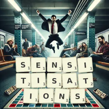 Creative illustration for a Scrabble game with the word SENSITISATIONS spelled out in tiles on the board.