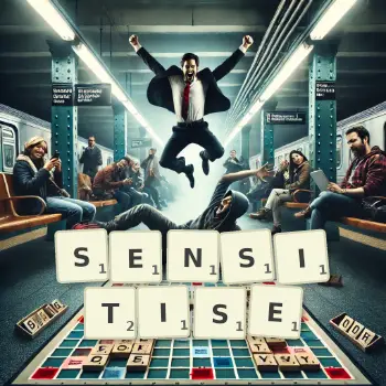 Creative illustration for a Scrabble game with the word SENSITISE spelled out in tiles on the board.