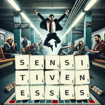 Creative illustration for a Scrabble game with the word SENSITIVENESSES spelled out in tiles on the board.