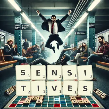 Creative illustration for a Scrabble game with the word SENSITIVES spelled out in tiles on the board.