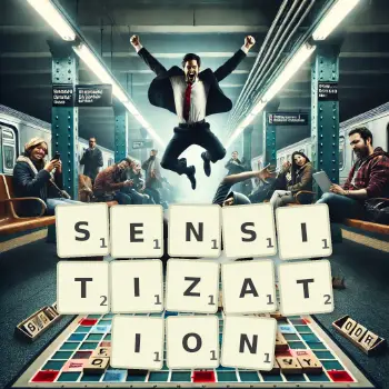 Creative illustration for a Scrabble game with the word SENSITIZATION spelled out in tiles on the board.