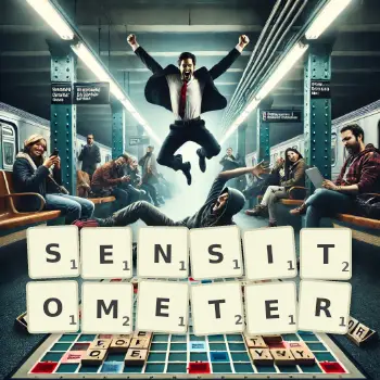 Creative illustration for a Scrabble game with the word SENSITOMETER spelled out in tiles on the board.