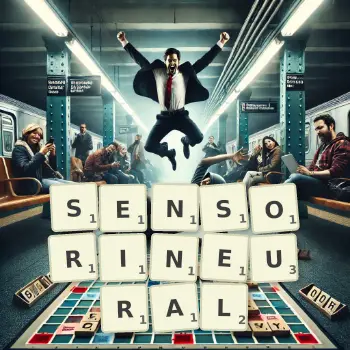 Creative illustration for a Scrabble game with the word SENSORINEURAL spelled out in tiles on the board.