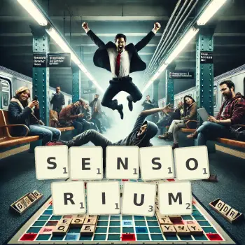 Creative illustration for a Scrabble game with the word SENSORIUM spelled out in tiles on the board.