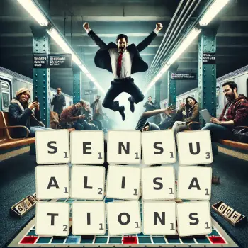 Creative illustration for a Scrabble game with the word SENSUALISATIONS spelled out in tiles on the board.