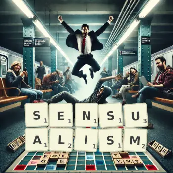 Creative illustration for a Scrabble game with the word SENSUALISM spelled out in tiles on the board.