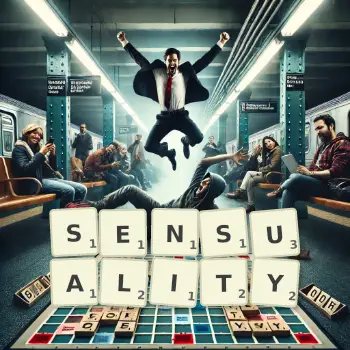 Creative illustration for a Scrabble game with the word SENSUALITY spelled out in tiles on the board.