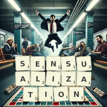 Creative illustration for a Scrabble game with the word SENSUALIZATION spelled out in tiles on the board.