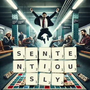 Creative illustration for a Scrabble game with the word SENTENTIOUSLY spelled out in tiles on the board.