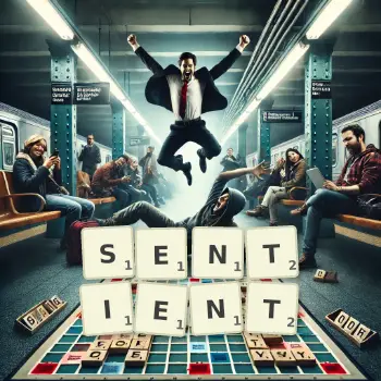 Creative illustration for a Scrabble game with the word SENTIENT spelled out in tiles on the board.