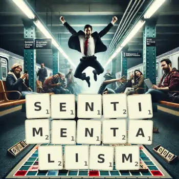 Creative illustration for a Scrabble game with the word SENTIMENTALISM spelled out in tiles on the board.
