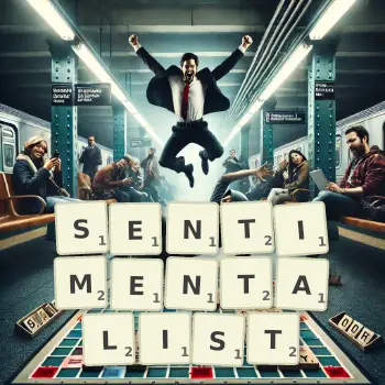 Creative illustration for a Scrabble game with the word SENTIMENTALIST spelled out in tiles on the board.