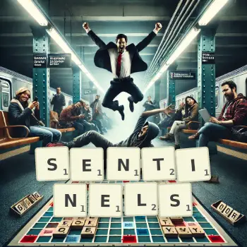 Creative illustration for a Scrabble game with the word SENTINELS spelled out in tiles on the board.