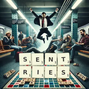Creative illustration for a Scrabble game with the word SENTRIES spelled out in tiles on the board.
