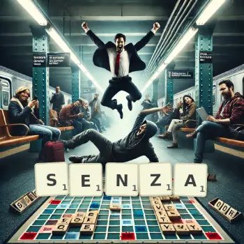 Creative illustration for a Scrabble game with the word SENZA spelled out in tiles on the board.