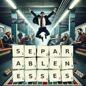 Creative illustration for a Scrabble game with the word SEPARABLENESSES spelled out in tiles on the board.