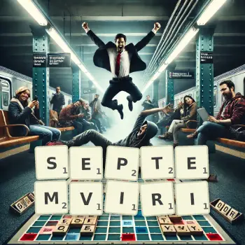 Creative illustration for a Scrabble game with the word SEPTEMVIRI spelled out in tiles on the board.