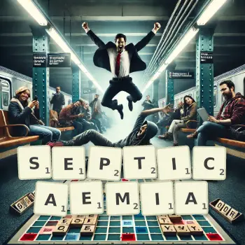 Creative illustration for a Scrabble game with the word SEPTICAEMIA spelled out in tiles on the board.