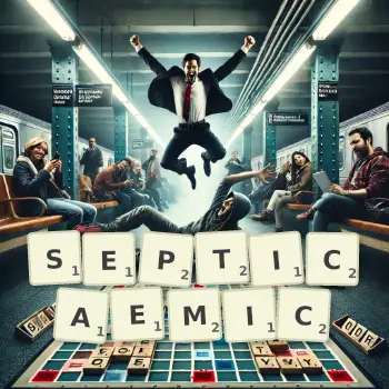 Creative illustration for a Scrabble game with the word SEPTICAEMIC spelled out in tiles on the board.