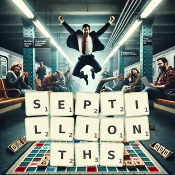 Creative illustration for a Scrabble game with the word SEPTILLIONTHS spelled out in tiles on the board.