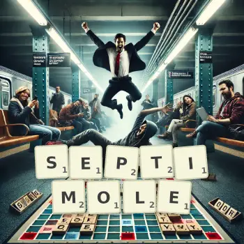 Creative illustration for a Scrabble game with the word SEPTIMOLE spelled out in tiles on the board.
