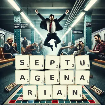 Creative illustration for a Scrabble game with the word SEPTUAGENARIAN spelled out in tiles on the board.