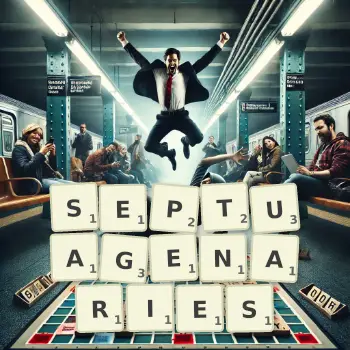 Creative illustration for a Scrabble game with the word SEPTUAGENARIES spelled out in tiles on the board.