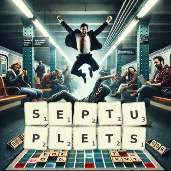 Creative illustration for a Scrabble game with the word SEPTUPLETS spelled out in tiles on the board.