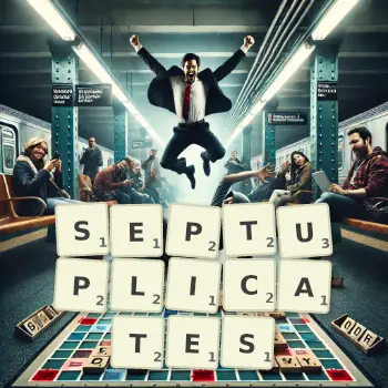 Creative illustration for a Scrabble game with the word SEPTUPLICATES spelled out in tiles on the board.