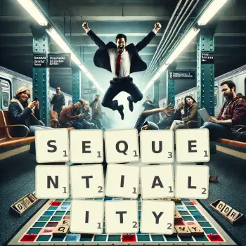 Creative illustration for a Scrabble game with the word SEQUENTIALITY spelled out in tiles on the board.