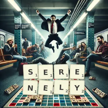 Creative illustration for a Scrabble game with the word SERENELY spelled out in tiles on the board.