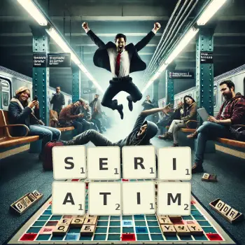 Creative illustration for a Scrabble game with the word SERIATIM spelled out in tiles on the board.